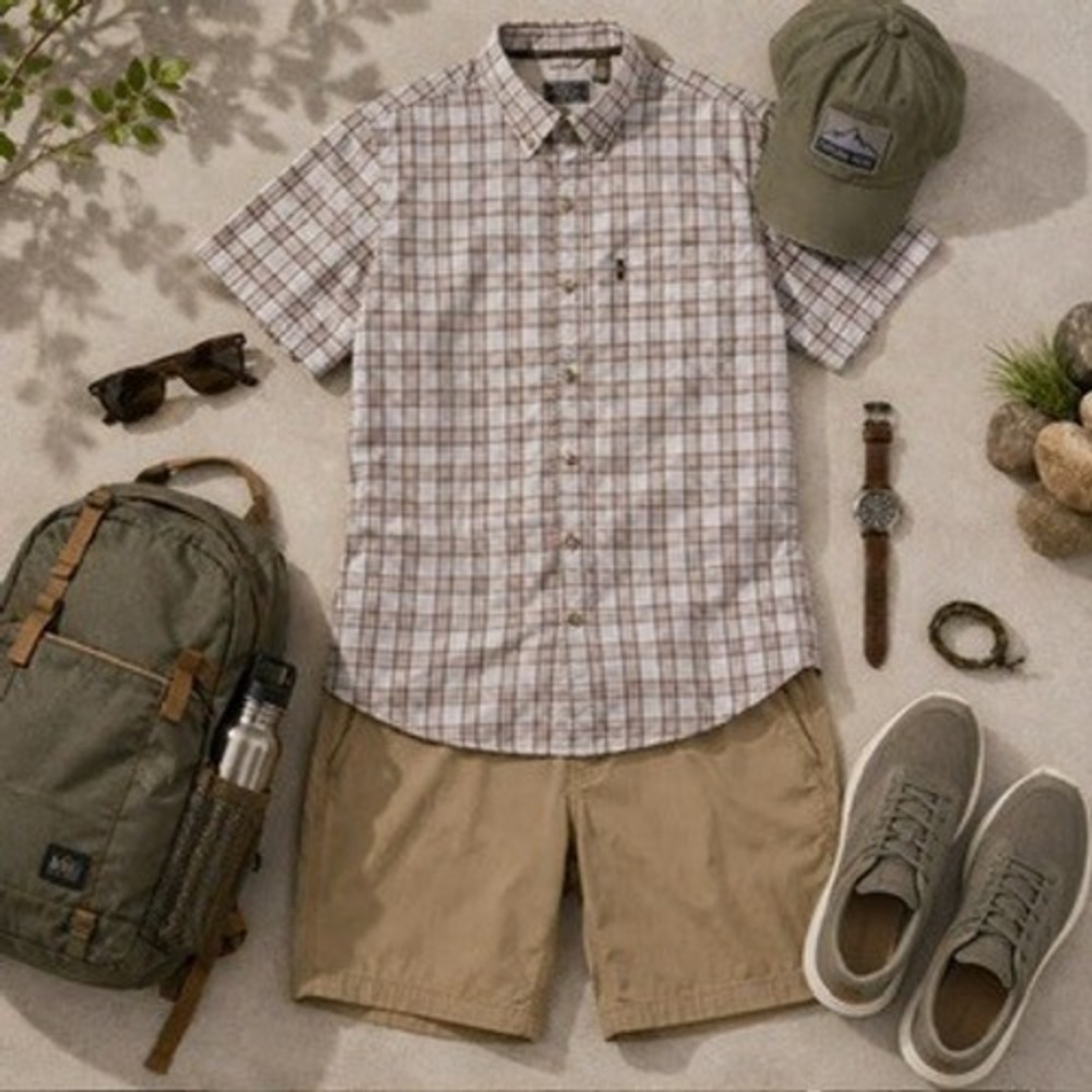 GH‎ Bass & Co Men's Plaid, Short Sleeve, Button Down Shirt, Tan Red, Size Large